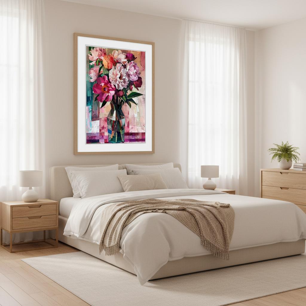 Floral Mosaic artwork framed above a bedroom bed, the vibrant bouquet combining pinks, reds, and whites with geometric collage textures. The piece adds warmth and elegance, contrasting soft linens and pale walls. Subtle daylight highlights layered brushstrokes, creating a refined, contemporary floral statement perfect for bedrooms and cozy small spaces.