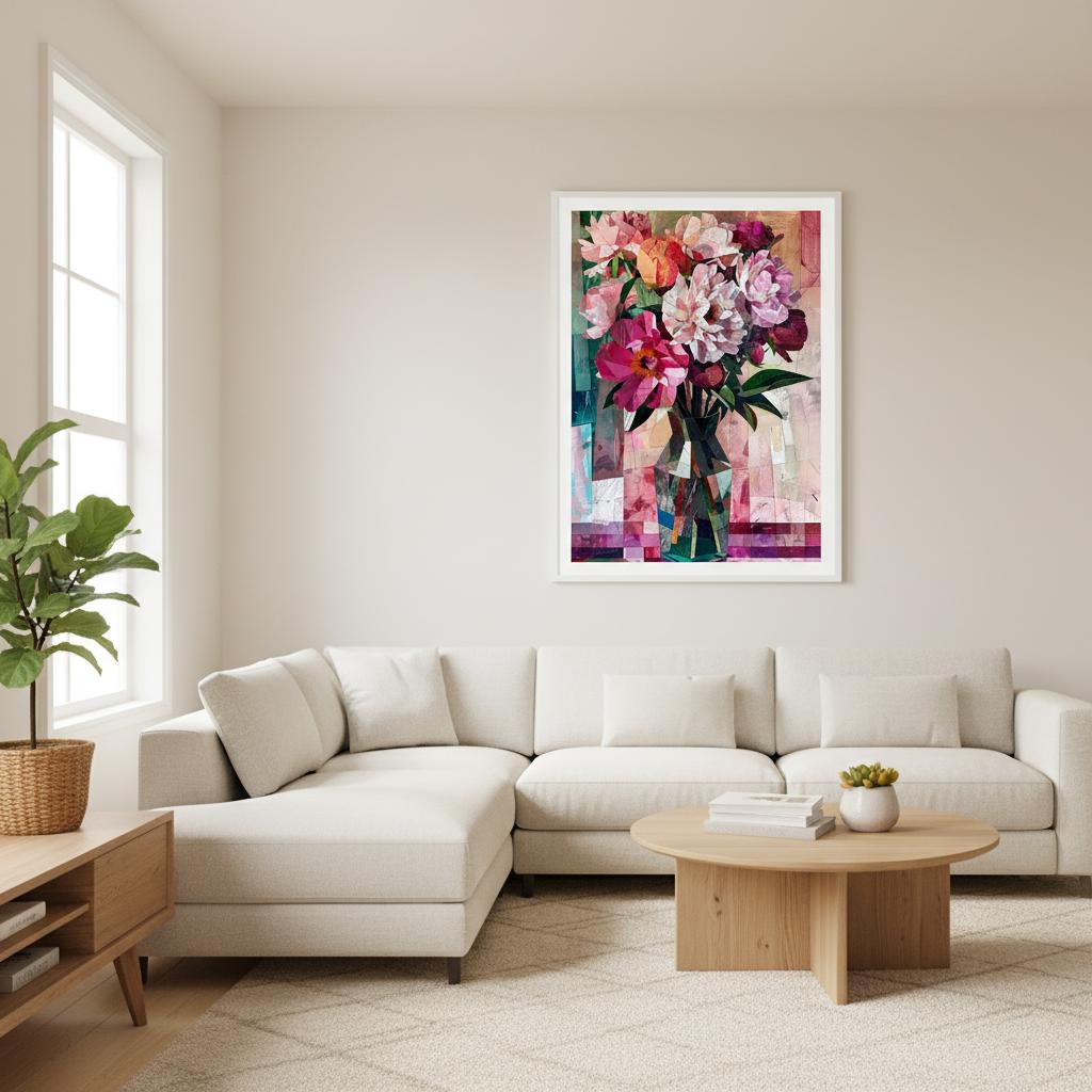 Framed Floral Mosaic print displayed above a living room sofa, featuring layered pink, red, and white blossoms in a geometric faceted vase. Textured brushwork and mosaic-like collage create depth and light. Soft natural illumination and neutral décor enhance the vibrant florals, making it a striking focal point for sophisticated interiors.