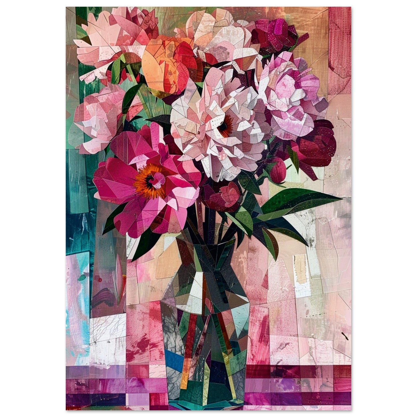 Modern abstract floral art print depicting a vibrant bouquet of pink, red, and white flowers in a faceted geometric vase with layered colour textures.