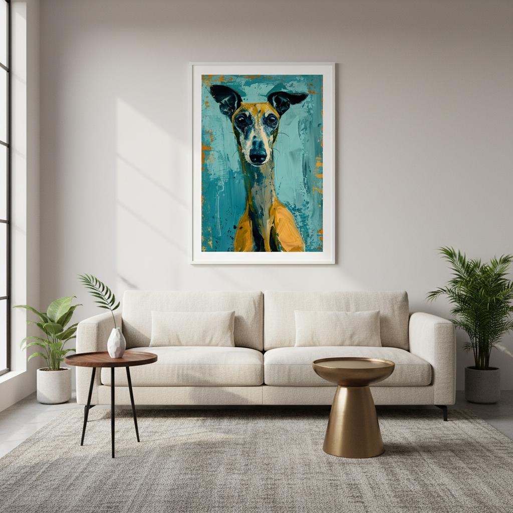 Framed Golden Whippet portrait displayed in a warm, modern living room. The expressive brushstrokes in gold, teal, and blue stand out against the soft neutral décor. Natural lighting enhances the artwork’s painterly texture, making it a sophisticated focal point ideal for contemporary interiors, studios, or stylish pet-friendly spaces.