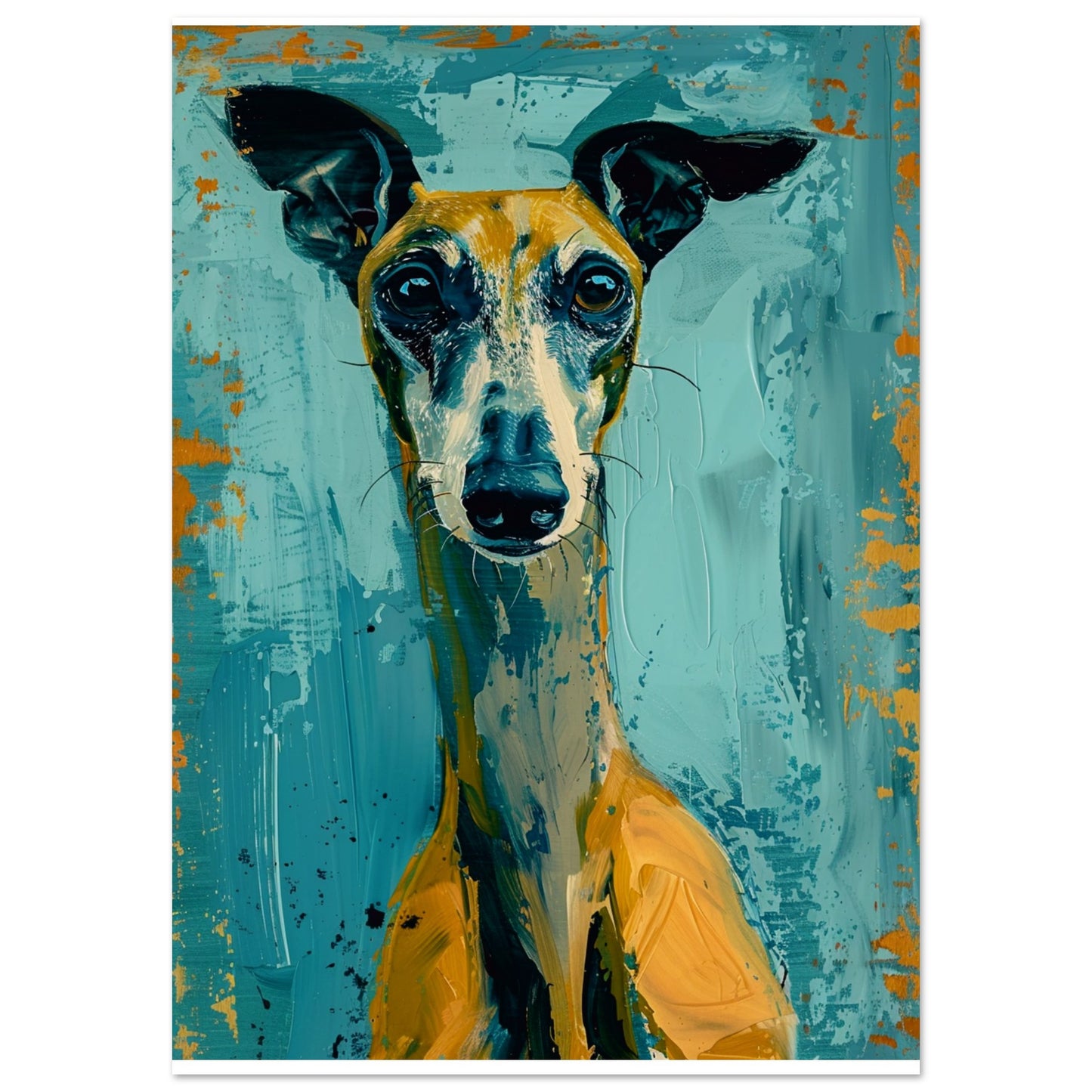 Modern dog portrait art print of a golden whippet painted in bold blue and gold tones with expressive brushstrokes and contemporary style.