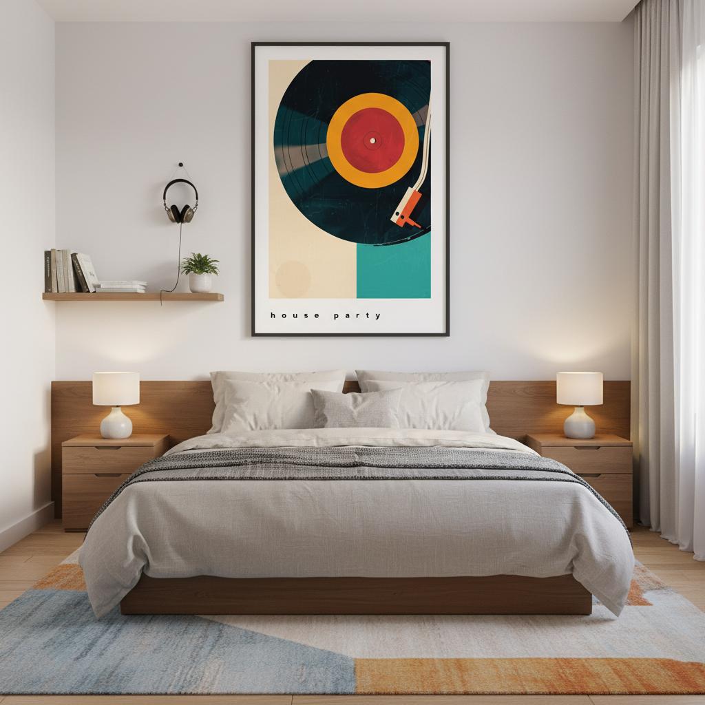 Framed House Party vinyl-inspired artwork displayed above a neatly styled bed in a modern, minimal bedroom. The bold red, teal, and cream shapes stand out against the warm neutral wall. Soft lighting, clean decor, and simple textures highlight the print’s retro design, making it ideal for stylish living spaces, studios, or contemporary home interiors.