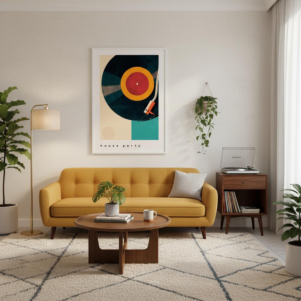 House Party geometric vinyl art displayed above an orange-toned sofa in a bright living room. The artwork’s circular shapes and bold colours contrast beautifully with the warm furniture and soft lighting. Minimalist styling and clean lines create a balanced scene, making the print a standout decorative piece for modern homes, studios, or entertainment area