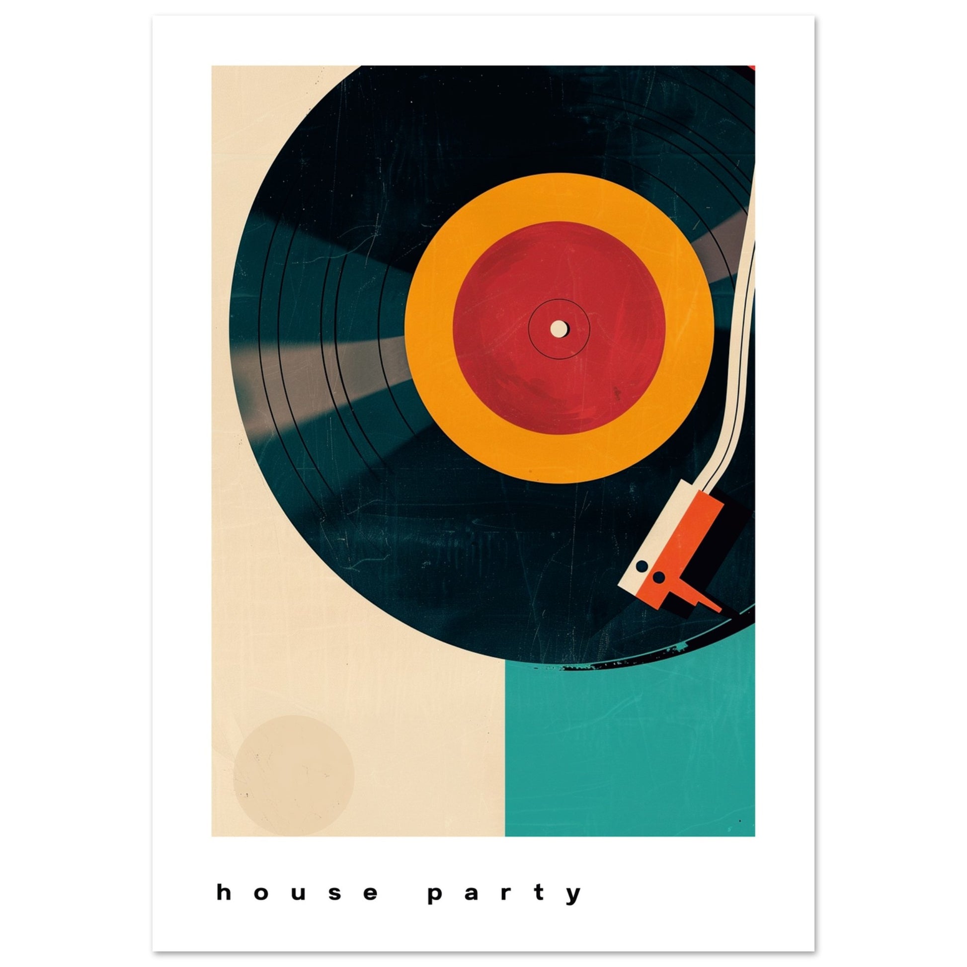 Retro geometric art print featuring a stylised vinyl record with a red label and tonearm on a cream and teal background inspired by mid-century design.