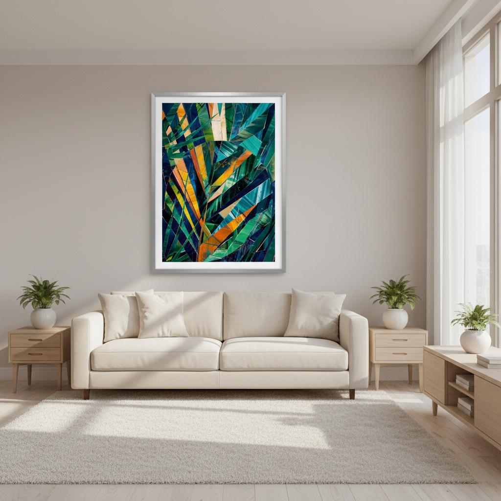 Jungle Geometry print hung above a minimalist bedroom bed, featuring layered tropical leaf patterns in emerald, teal, orange, and gold tones. The framed artwork’s geometric structure and textured surface contrast soft linens. Warm daylight enhances colour depth, offering an energetic refined focal point suitable for bedrooms, studios, or cozy nooks.