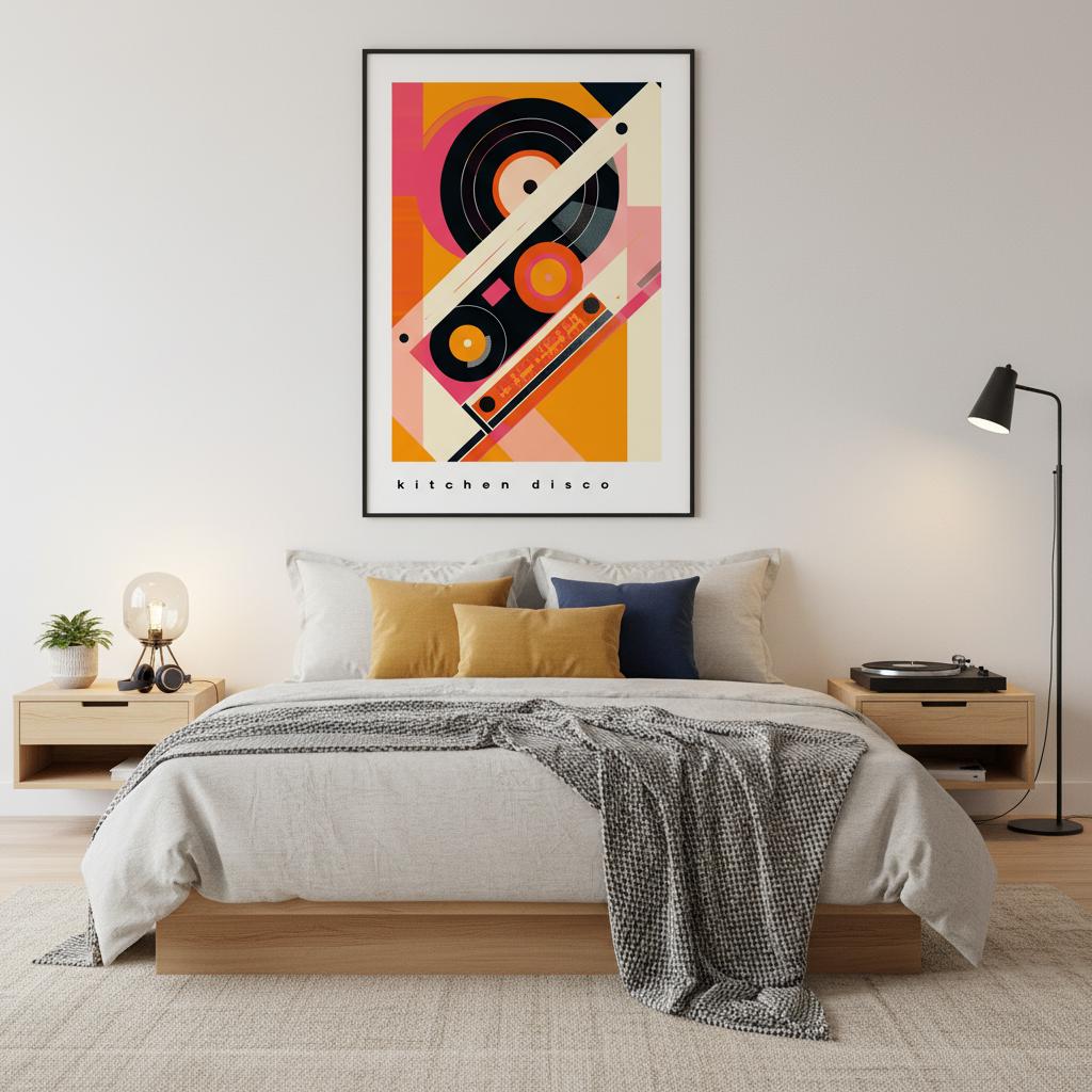 Framed Kitchen Disco artwork displayed above a soft-toned bed in a warm modern bedroom. The bold pink, orange, and black geometric vinyl-inspired design contrasts with the calm décor, creating a lively focal point. Soft lighting and minimal styling highlight the print’s retro energy, making it ideal for creative, colourful interior spaces.