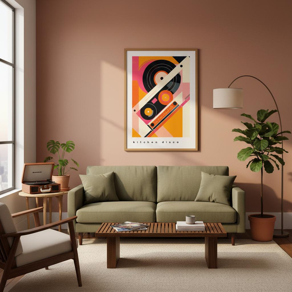 Kitchen Disco poster showcased above a contemporary sofa with warm lighting and indoor plants. The bright geometric shapes and bold retro palette add energy to the neutral living room. Clean lines and modern décor help emphasise the artwork’s playful 80s-inspired design, making it a perfect feature piece for lively, music-themed spaces.