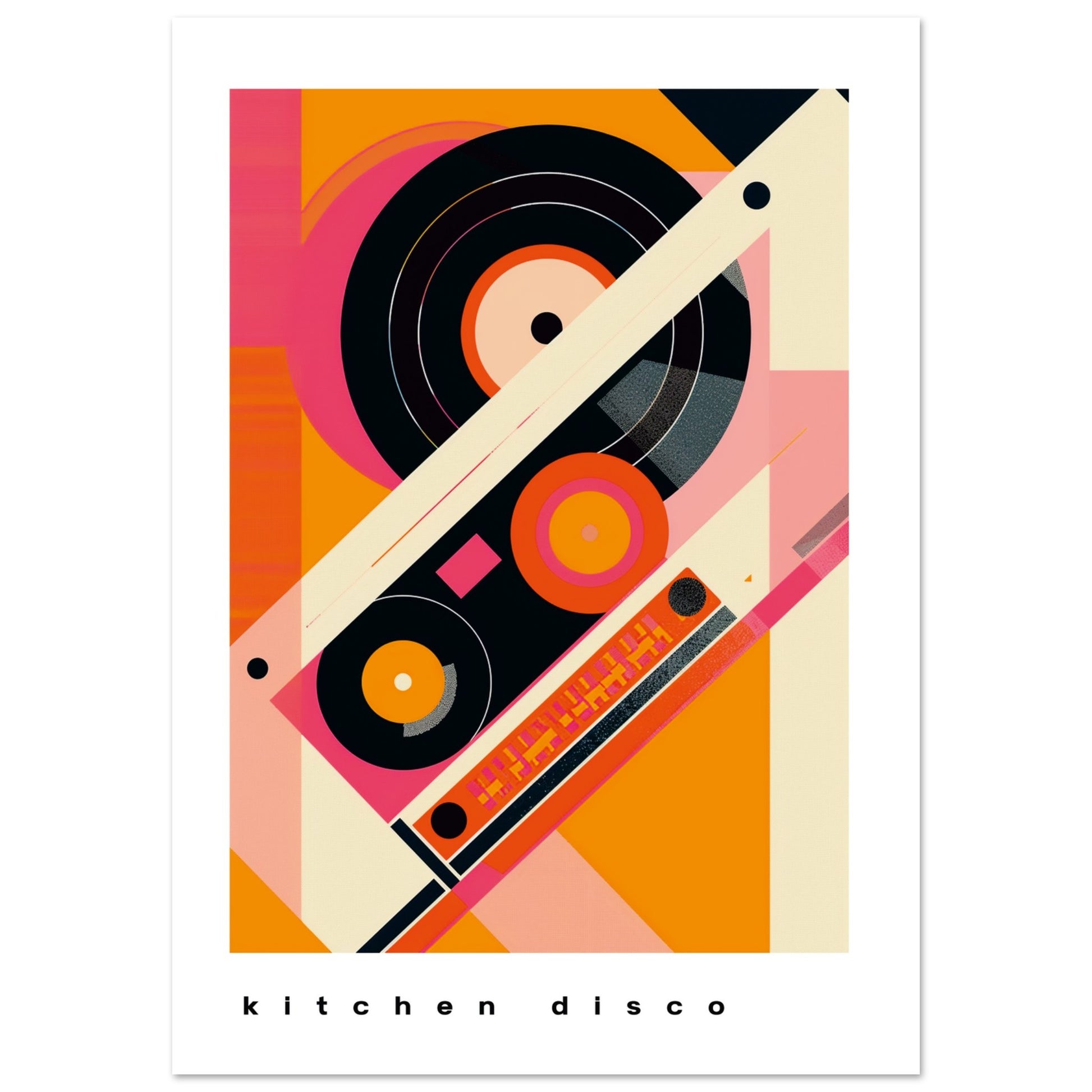 Retro-inspired geometric art print featuring vibrant orange, pink, and black shapes resembling cassette tapes and vinyl records with bold 80s energy.