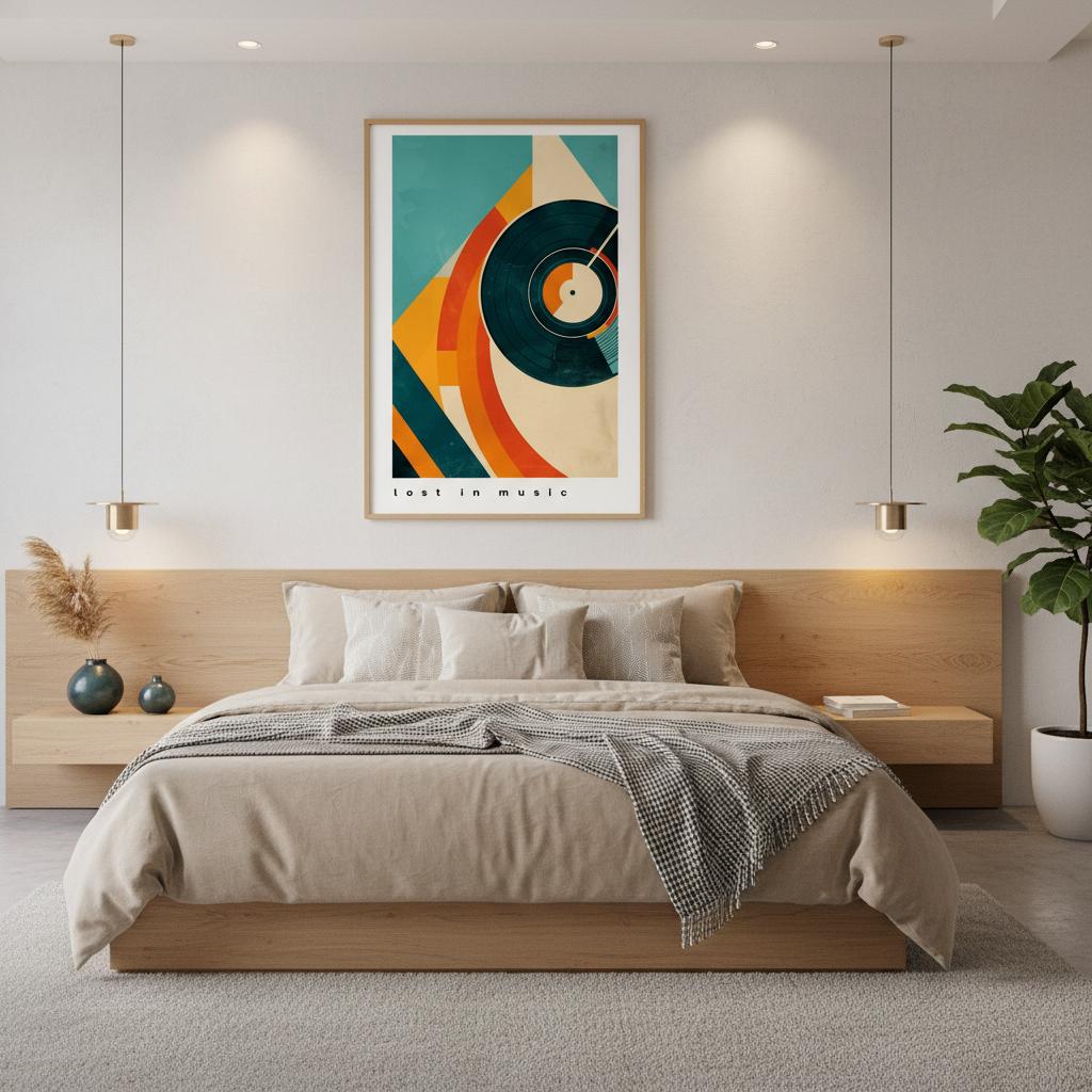 Lost in Music wall art displayed in a neutral bedroom above a beige bed. The black frame and abstract vinyl-inspired design contrast with the soft, minimalist surroundings. Warm lighting enhances the print’s teal, cream, and orange palette, making it a stylish statement piece ideal for modern interiors, studios, and music-themed décor.