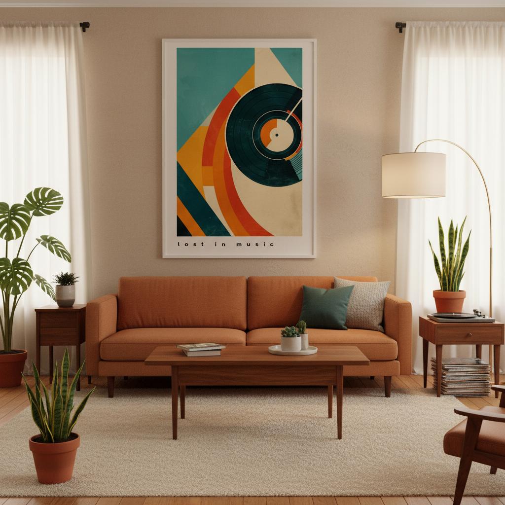 Framed Lost in Music poster displayed above an orange sofa in a bright living room. The geometric shapes, record-player motif, and bold teal and orange tones stand out against the warm décor. Clean lines, soft lighting, and minimal styling highlight the artwork’s retro-modern aesthetic, making it an eye-catching focal point in contemporary spaces.