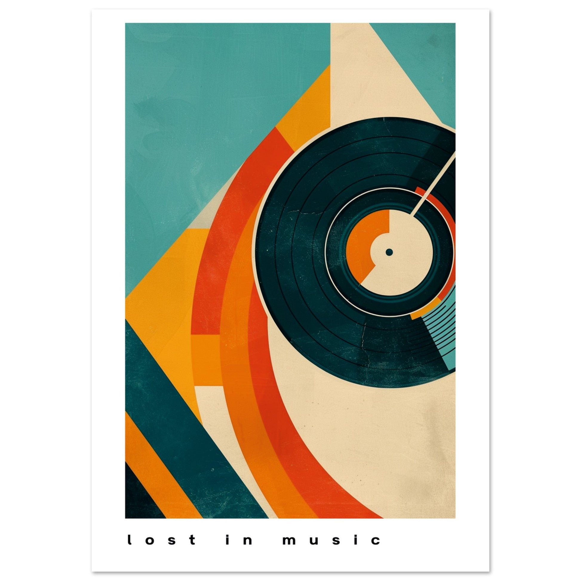 Modern geometric art print featuring a stylised vinyl record and tonearm in teal, orange, and cream tones with bold retro minimalism.