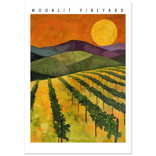 A colorful painting of a vineyard under a glowing full moon, with rows of grapevines stretching across rolling green hills beneath a warm orange sky.