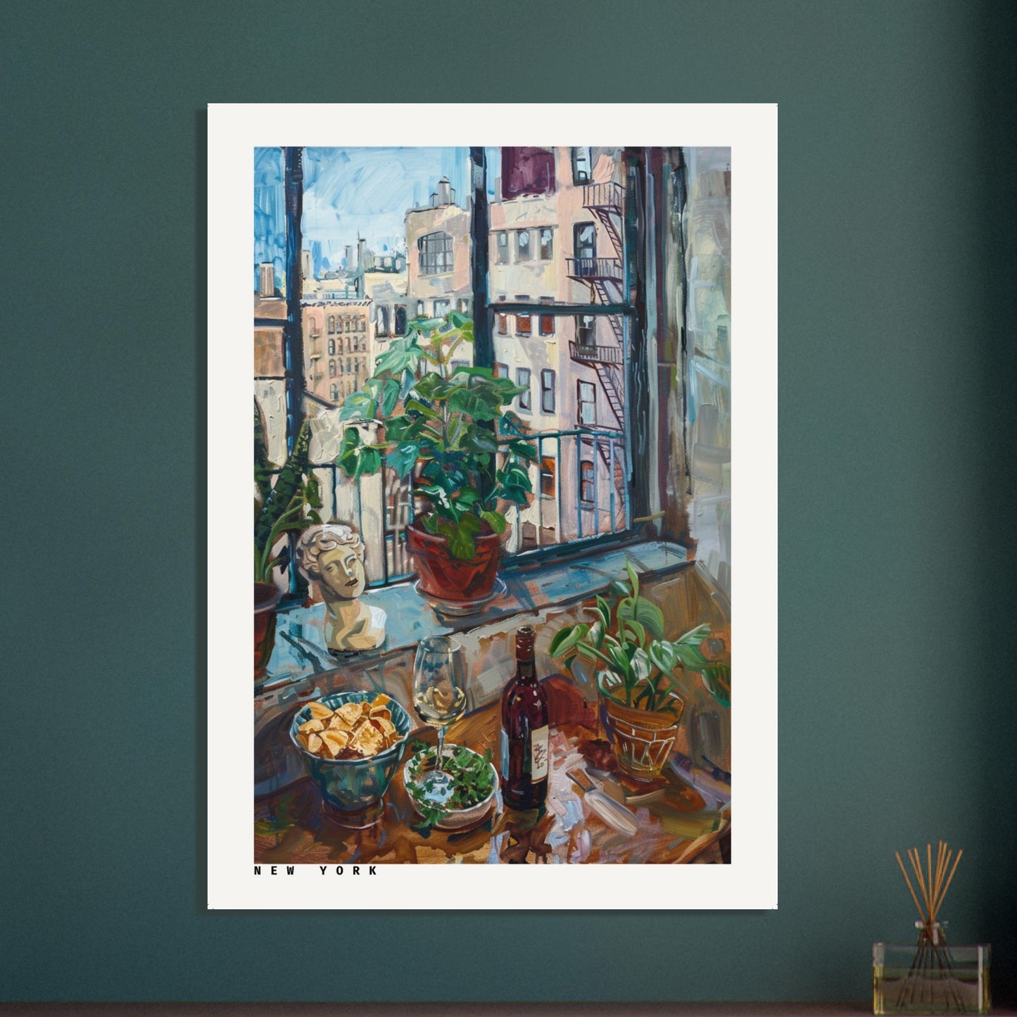 New York Loft Still Life print hung above a contemporary bedroom setup, featuring a cosy urban windowsill scene with wine, bread, plants, and soft afternoon light. The Manhattan cityscape in the background contrasts with clean lines and neutral décor, adding a stylish cosmopolitan atmosphere to bedrooms, studios, or modern interiors.