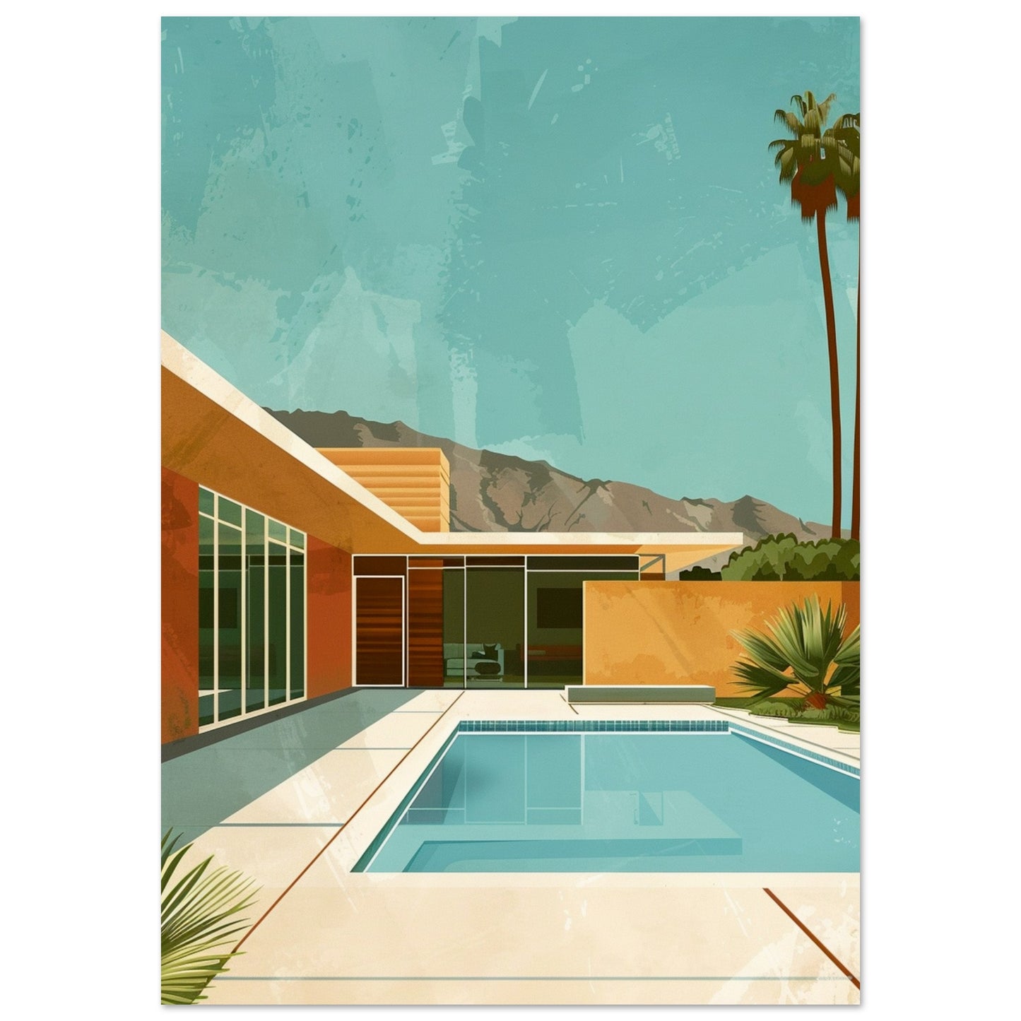 Palm Springs pool house art print featuring turquoise pool, palm trees, and desert mountains in a Mid-Century Modern style.