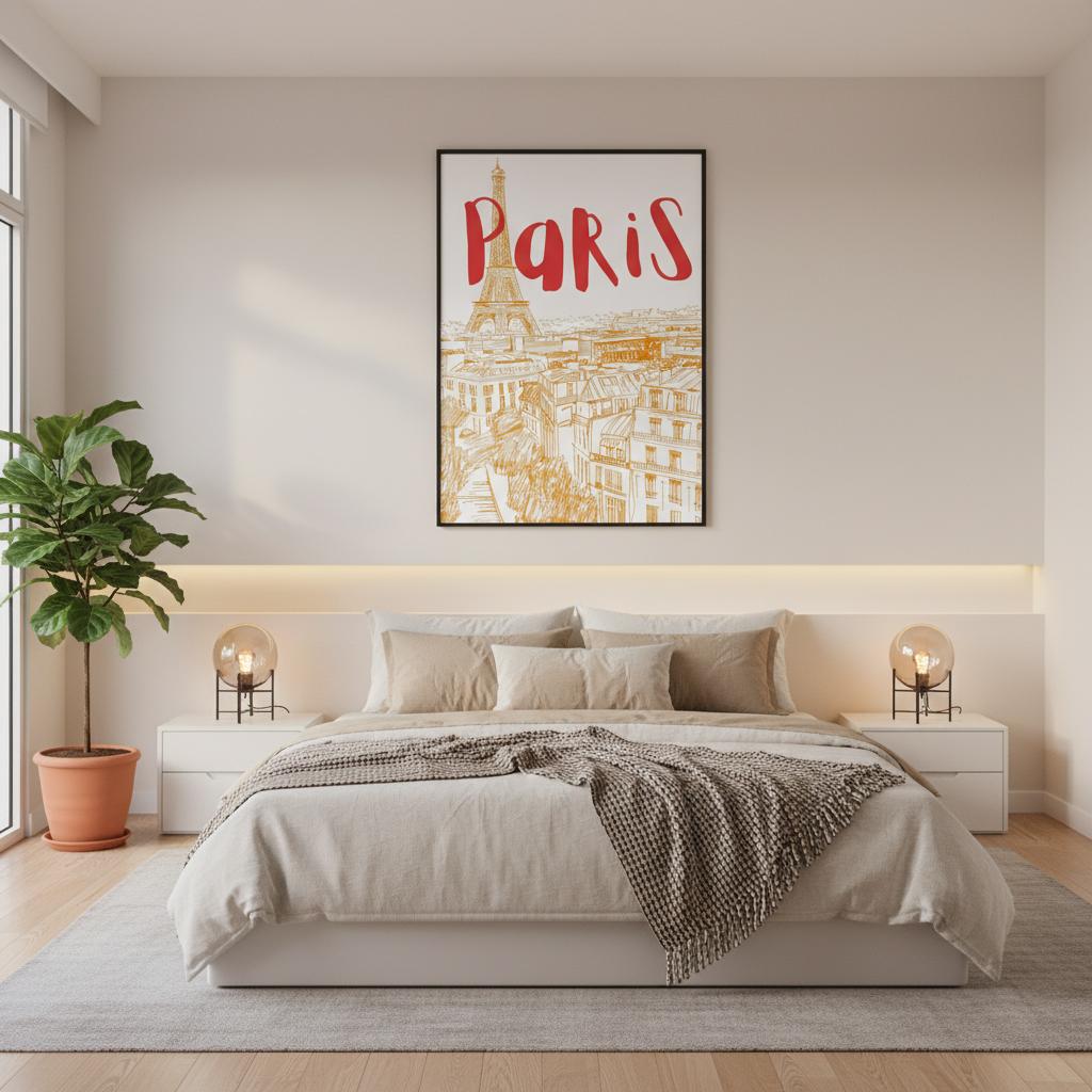 Paris Skyline artwork framed above a minimalist bed, featuring a warm gold illustration of Parisian rooftops paired with bold red typography. The print adds a bright, cosmopolitan feel to the bedroom. Gentle natural light highlights its clean lines, making it a lively focal point for modern, travel-inspired interior spaces.