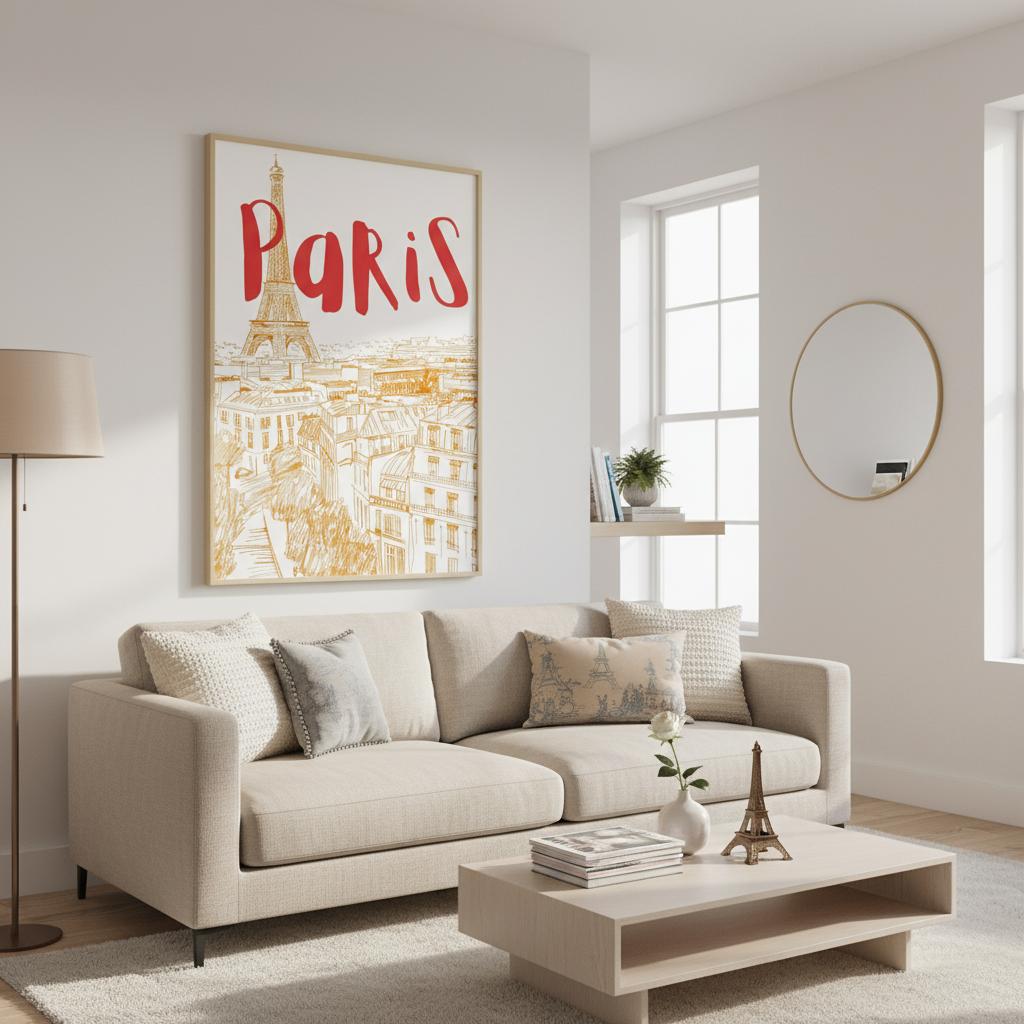 Framed Paris Skyline poster displayed above a warm, modern living room sofa. The golden sketch of the Eiffel Tower and rooftops contrasts with bold red lettering, adding a cheerful Parisian accent. Soft lighting and neutral décor enhance the artwork’s bright, contemporary style, making it perfect for stylish homes, studios, and travel-themed interiors.