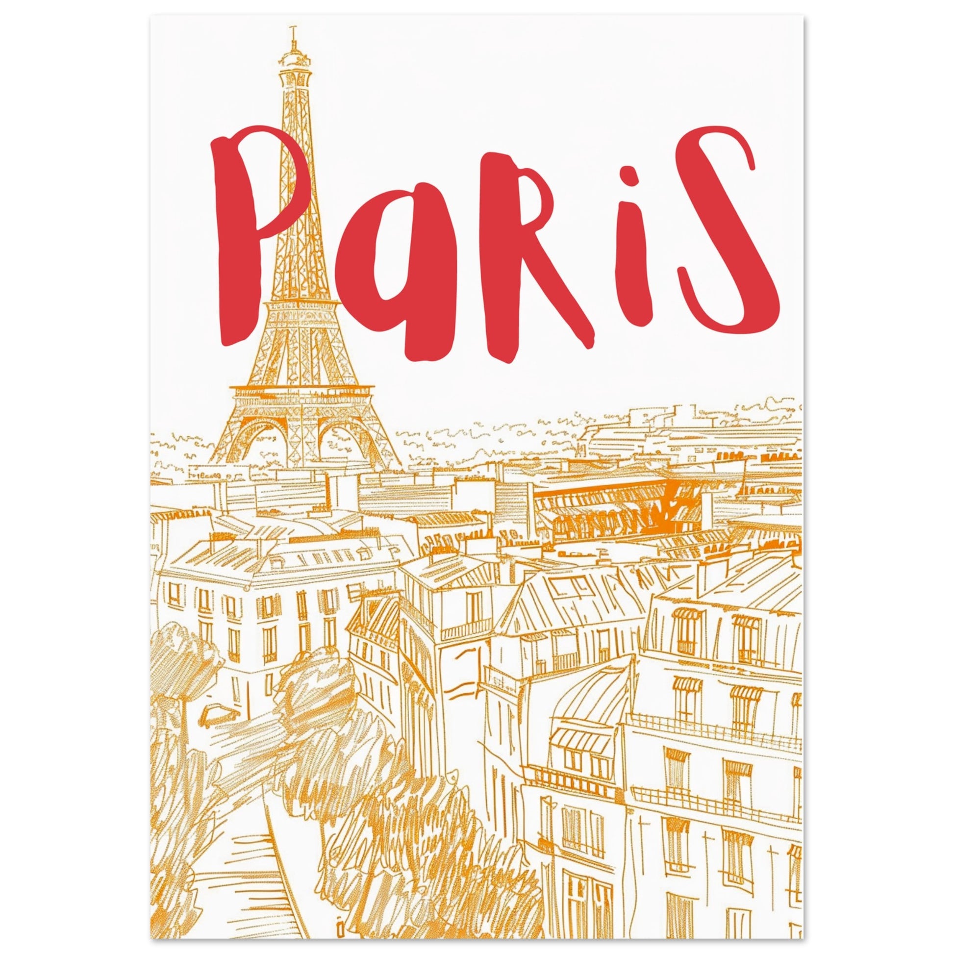 Modern Paris wall art print featuring a golden hand-drawn skyline with the Eiffel Tower and bold red “Paris” typography across the cityscape