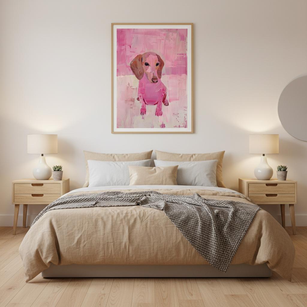 Pink Dachshund print hung in a serene bedroom above a minimalist bed, the joyful canine portrait rendered in rosy tones and painterly texture. Framed with white mount, the artwork adds warmth and personality to soft linens. Subtle daylight reveals brushwork detail and matte finish, ideal for bedrooms and nurseries too.