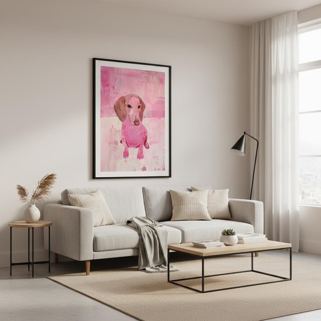 Framed Pink Dachshund portrait displayed above a modern living room sofa, featuring expressive pink brushstrokes and playful character. The vibrant artwork contrasts with soft neutral décor. Natural light emphasises textured paint strokes and matte paper finish, creating a warm focal point perfect for bedrooms, living rooms, or pet-themed gallery walls.
