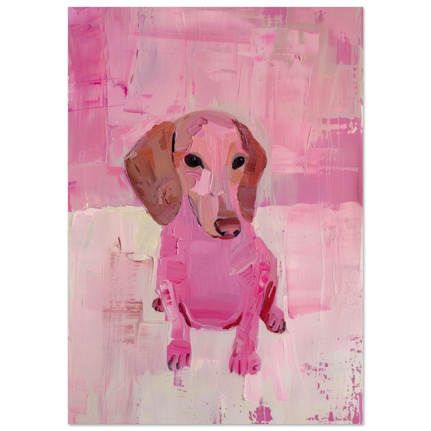 Modern dog portrait art print of a dachshund painted in textured pink tones with expressive brushstrokes and a contemporary abstract style.