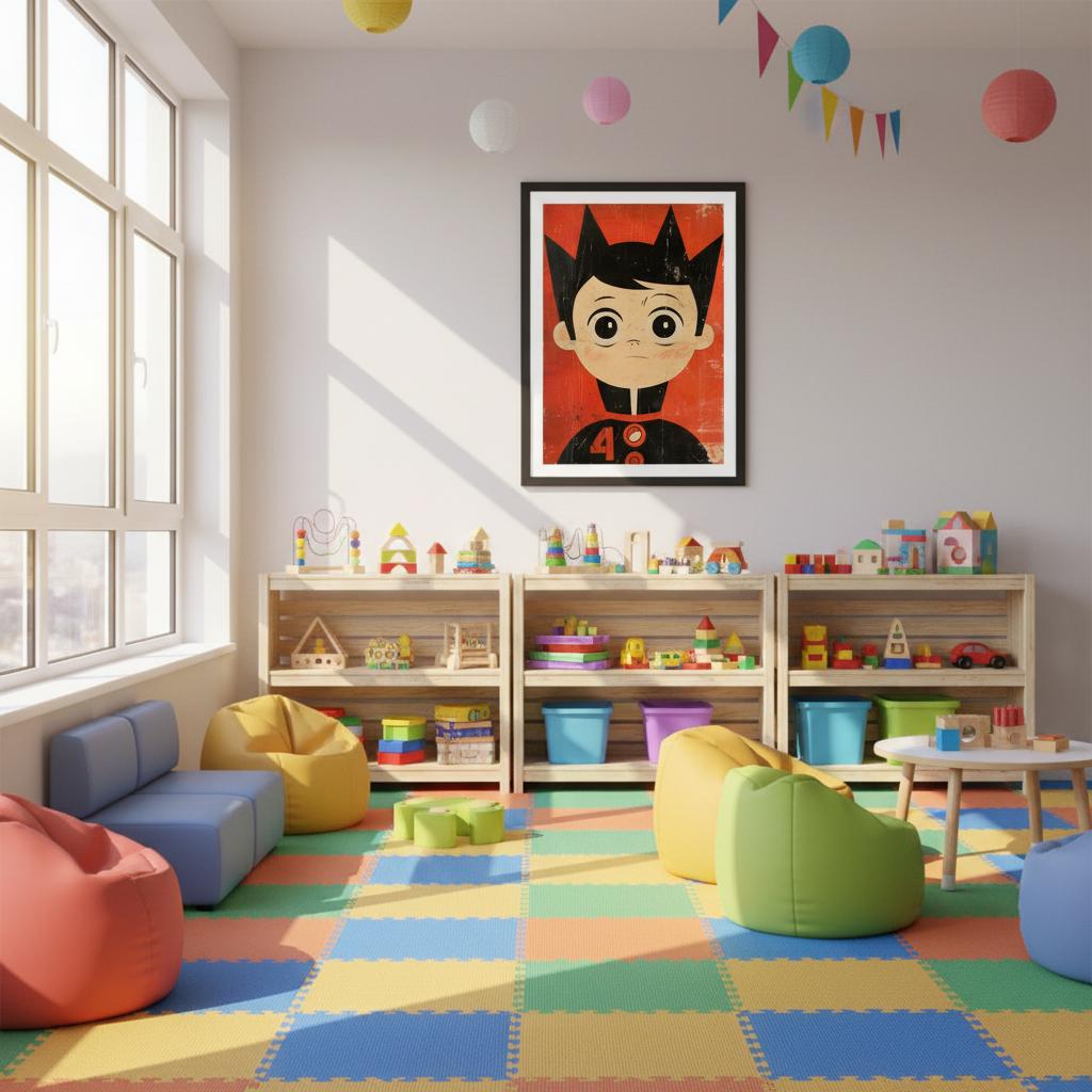 Framed Retro Kid No. 48 artwork displayed in a colourful children’s room. The vintage cartoon boy with bold black hair and a distressed red background adds playful charm. Bright décor, soft lighting, and tidy styling highlight the poster’s nostalgic pop-art aesthetic, making it perfect for kids’ bedrooms, playrooms, or creative spaces.