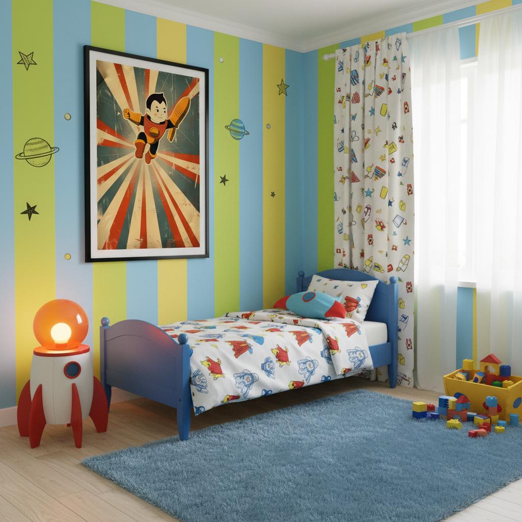 Rocket Boy artwork in a bright children’s bedroom above a low bed, featuring a heroic figure, dynamic jet trails, and retro colourways. The black frame and white mount contrast with pastel walls. Matte finish and warm light emphasise texture and nostalgic charm, perfect for bedrooms, nurseries, or creative study nooks.