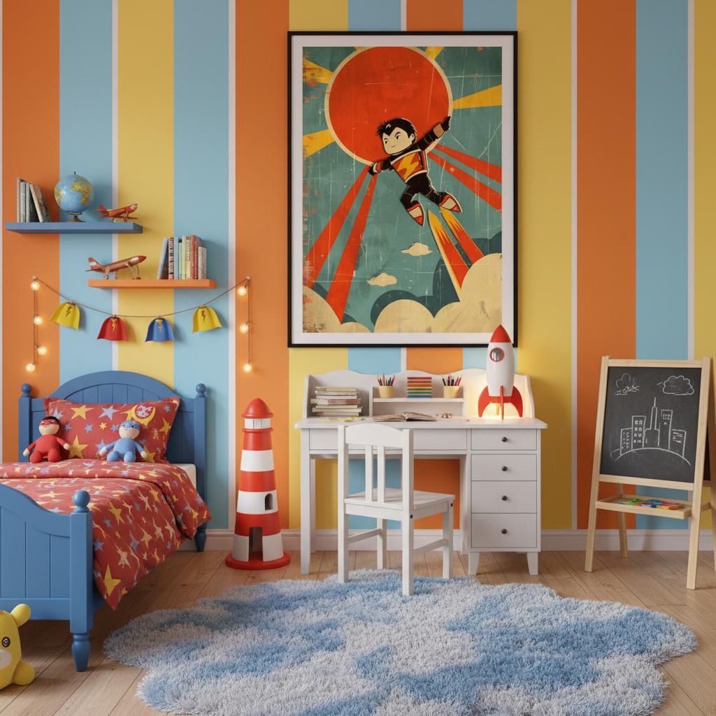 Rocket Hero artwork in a bright children’s bedroom, featuring a heroic figure, fiery jet trails, and retro comic colours. The black frame and white mount contrast with pastels. Matte paper texture and warm light enhance nostalgic tones, making it perfect for playrooms, bedrooms, corners, study nooks and game rooms today.