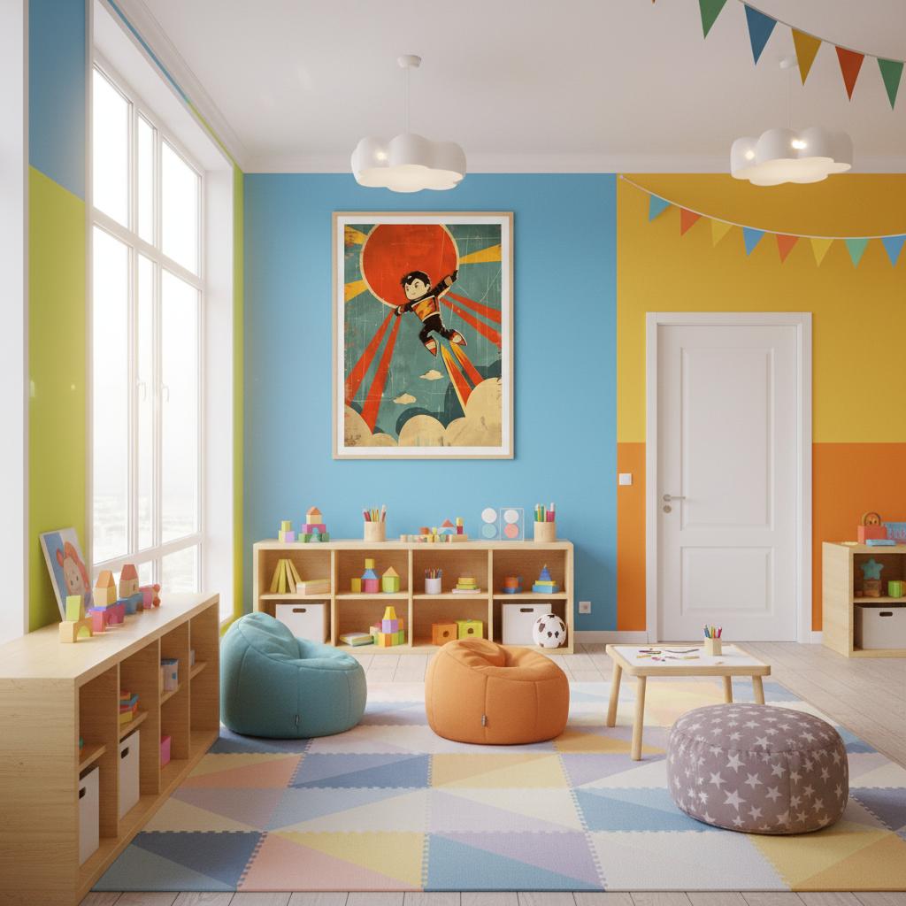 Framed Rocket Hero poster above a colourful playroom wall with toys and bunting. The soaring character, red sun, and jet stream graphics deliver dynamic motion and vintage comic charm. Soft daylight reveals textured matte paper, creating a playful focal point ideal for children’s bedrooms, nurseries, playrooms, or creative studio spaces.