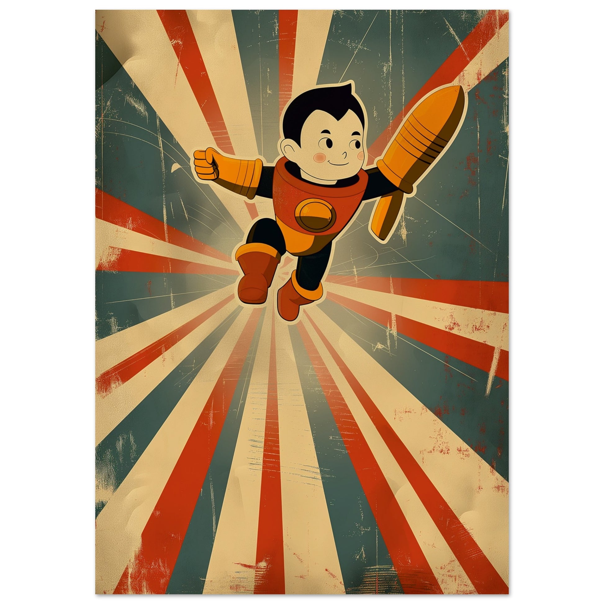 Retro comic-style art print of a cartoon rocket boy flying through red and cream rays with vintage textures and playful superhero charm.