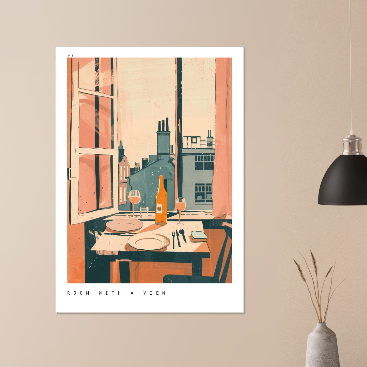 Room with a View artwork hung above a minimalist bedroom bed, framing a small table set with wine and two glasses by an open window. Muted terracotta and warm blue hues create calm intimacy. Matte framed print, soft natural light, and simple décor highlight texture and atmospheric, Parisian-inspired charm elegance.