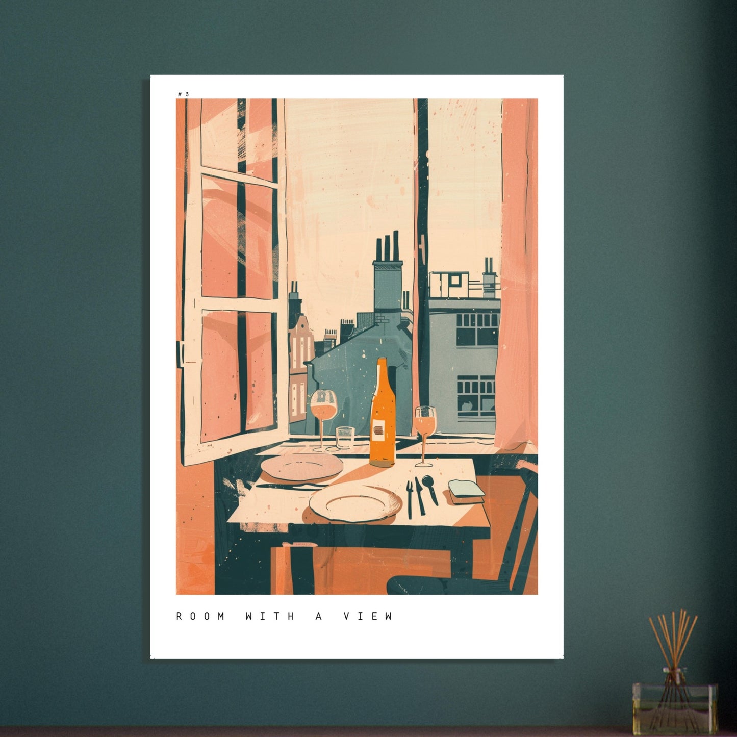Framed Room with a View print displayed in a sunlit Parisian apartment interior, showing a cosy table set for two with wine and glasses beside an open window overlooking rooftops. Warm terracotta and muted blue tones create intimate atmosphere. Soft shadows, textured paper, tasteful styling make it ideal for homes.