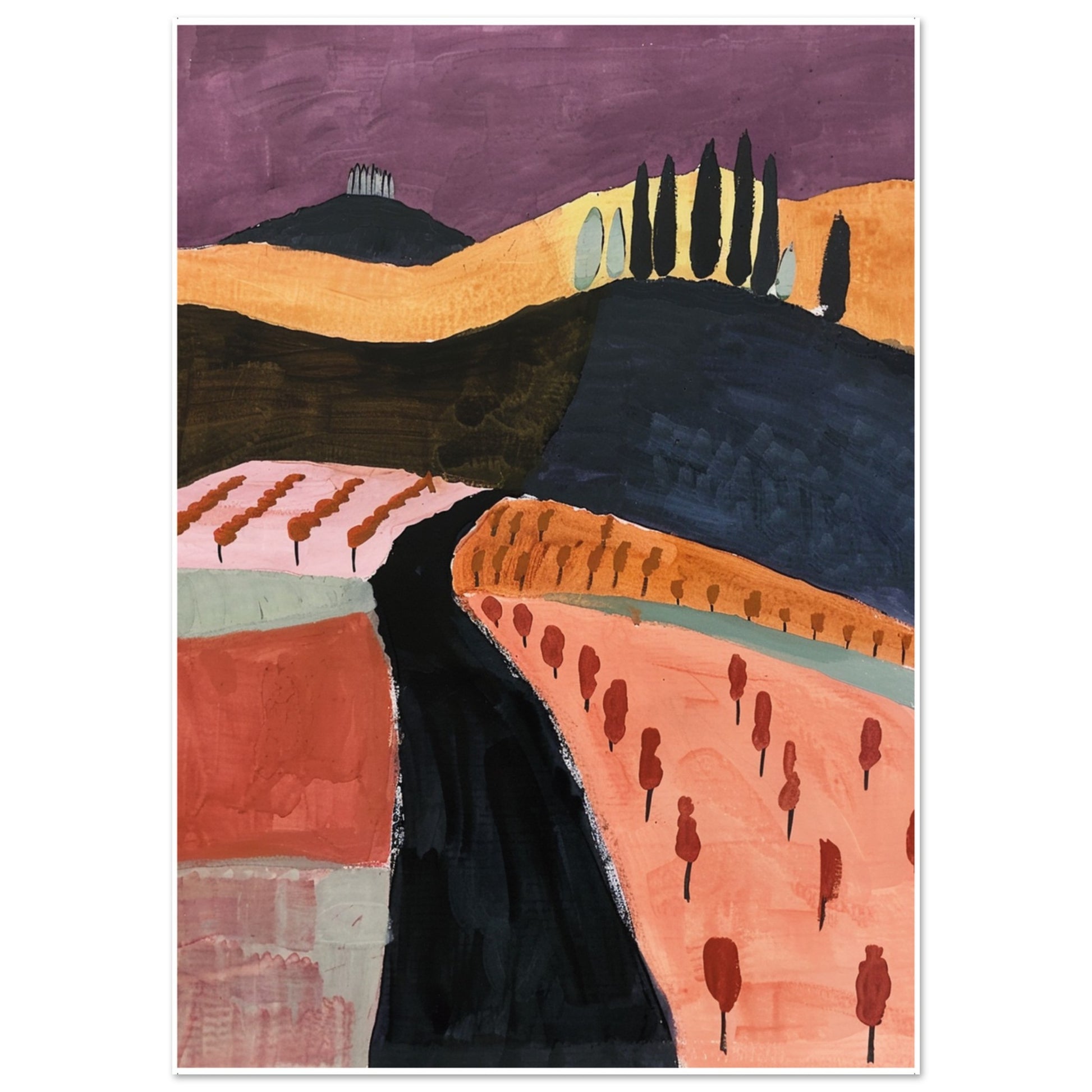 A stylized landscape painting of a winding dark road through rolling Tuscan hills, lined with red and orange trees under a deep purple sky.
