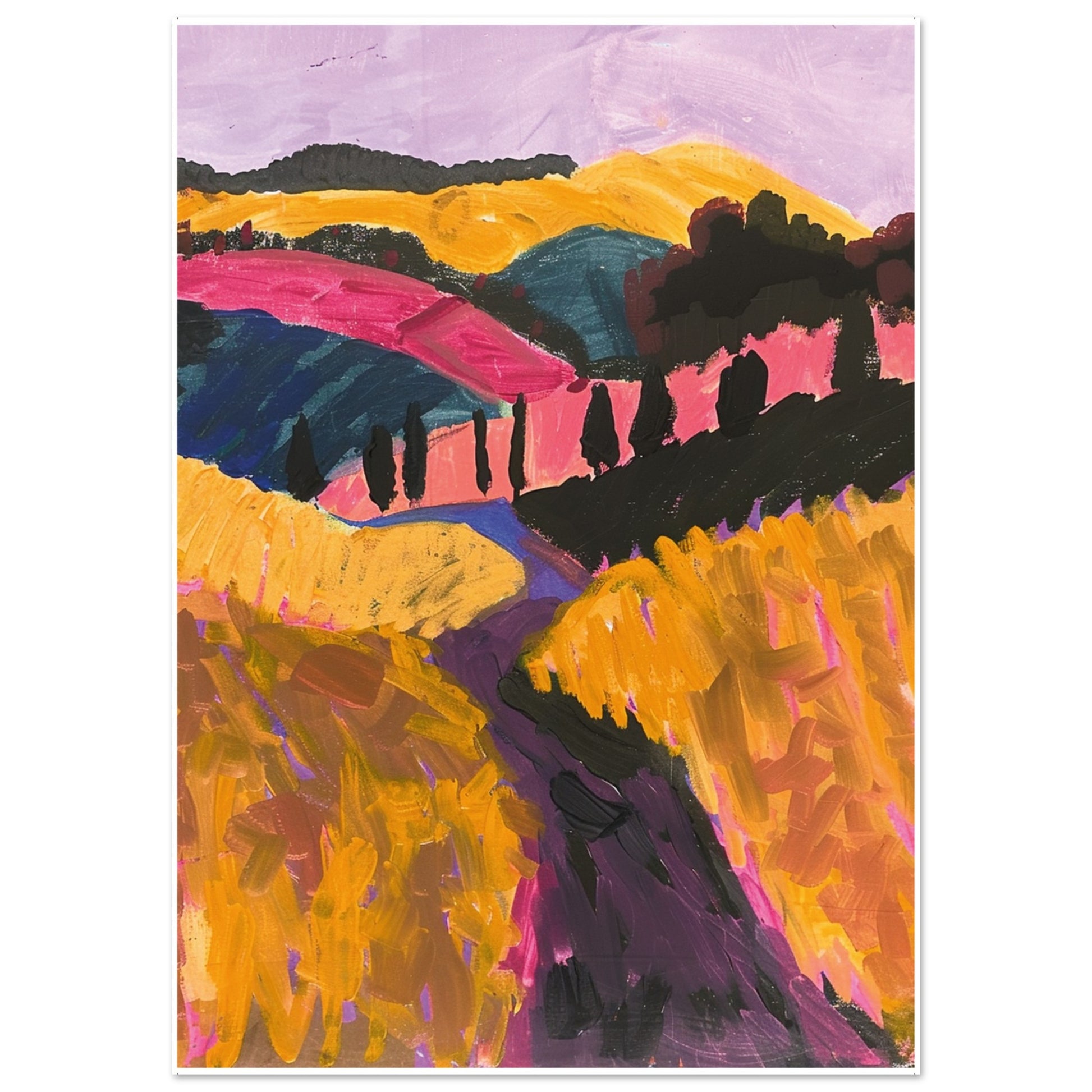 A vibrant abstract landscape painting depicting a winding countryside path through golden fields, cypress trees, and colorful rolling hills under a lavender sky.