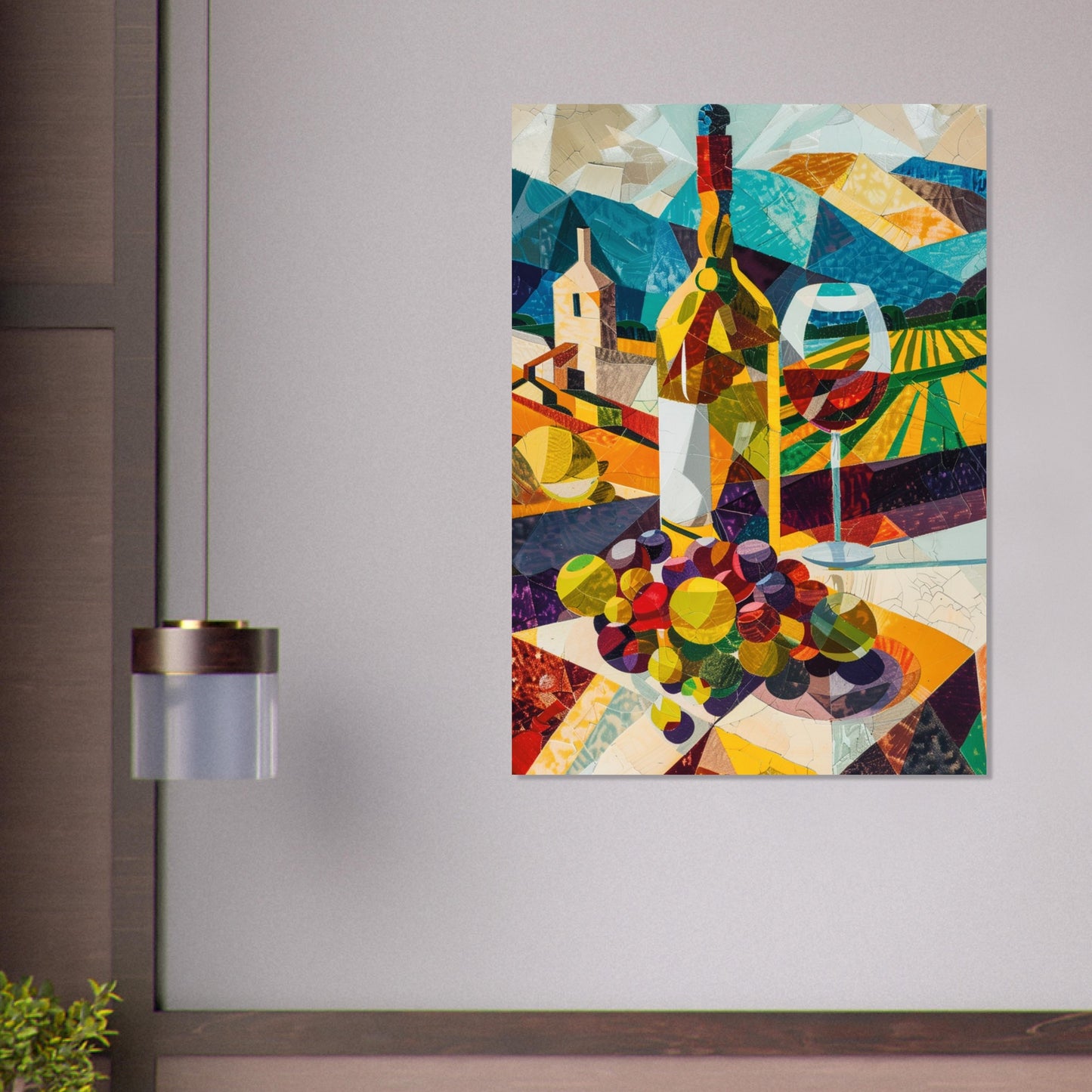 Framed Vineyard poster displayed in a bright kitchen dining nook, showing stylised wine bottles and glasses against a colourful collage backdrop. Warm light and natural textures complement lively abstract shapes and rich tones. The framed print creates a cheerful focal point ideal for kitchen walls, home bars, or dining spaces.