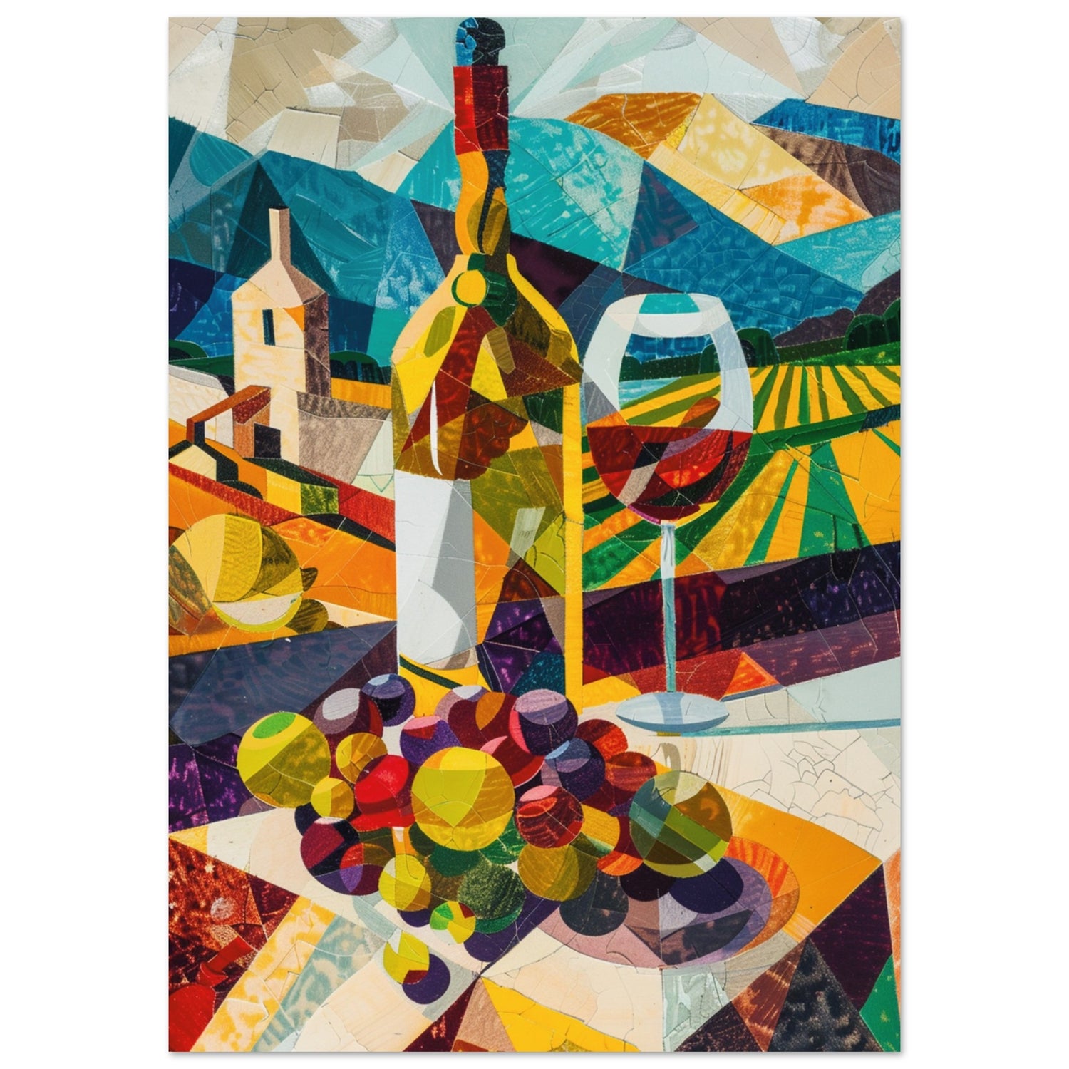 Colorful collage-style wine art featuring a bottle, glass, grapes, and vineyard landscape in bold geometric shapes.