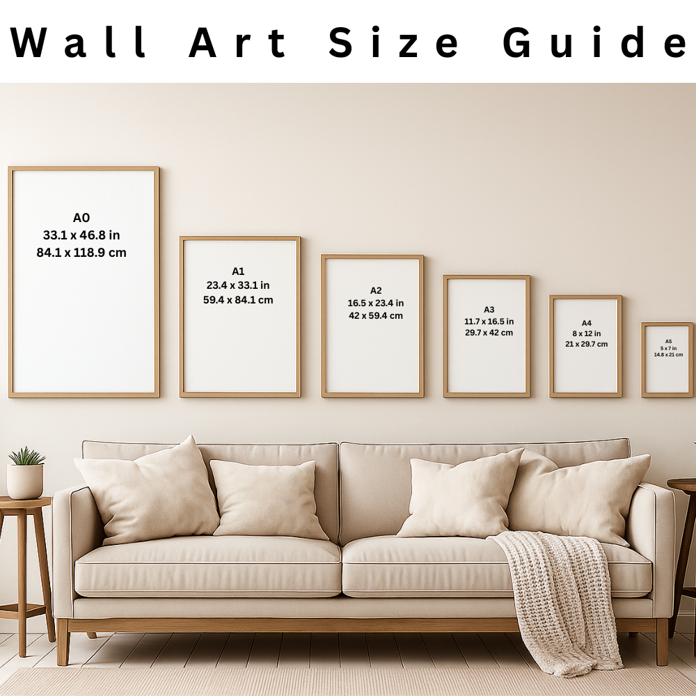 Wall art size guide with framed prints on a wall above a sofa.