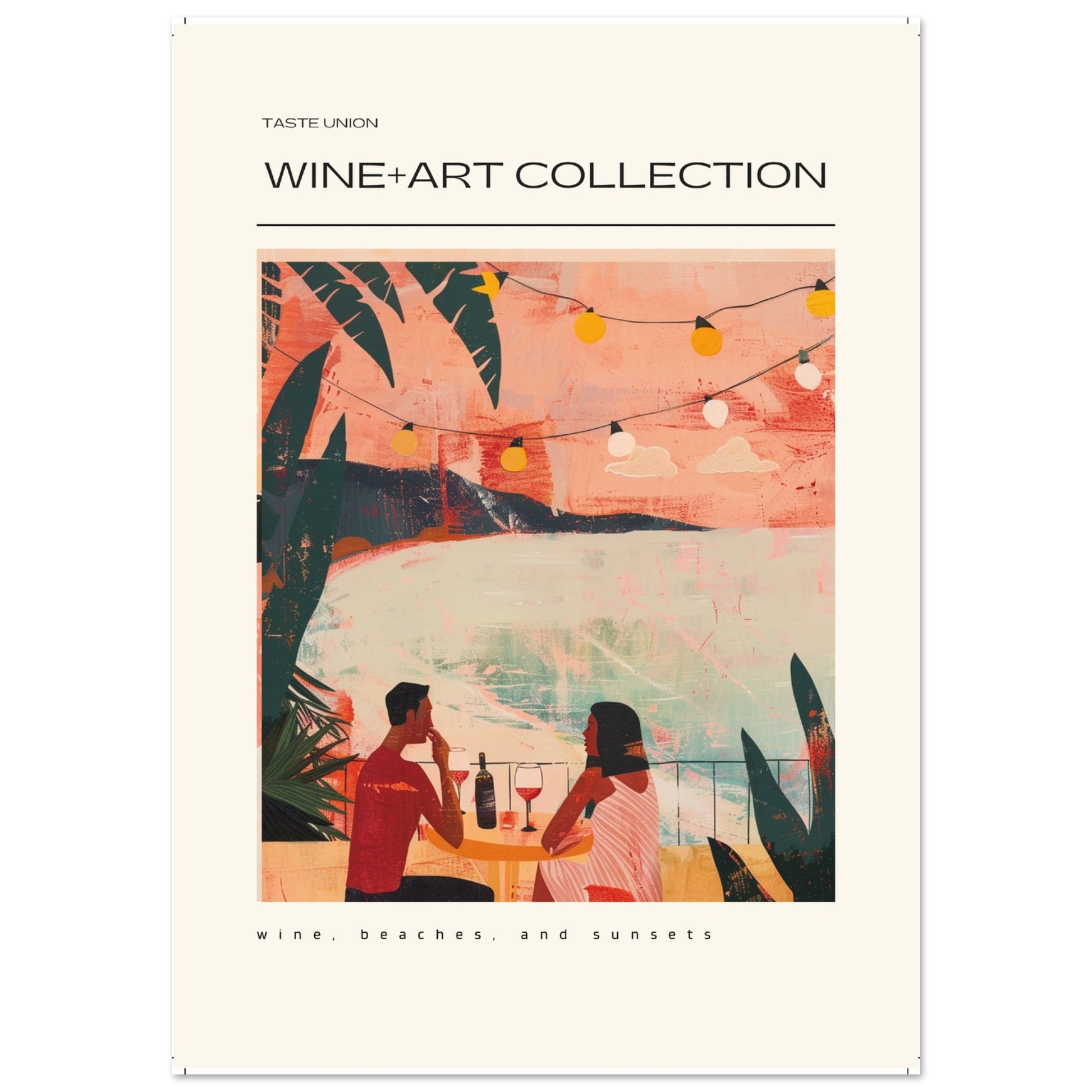A warm, painterly artwork showing a couple enjoying wine by the beach at sunset, surrounded by tropical plants and hanging string lights.