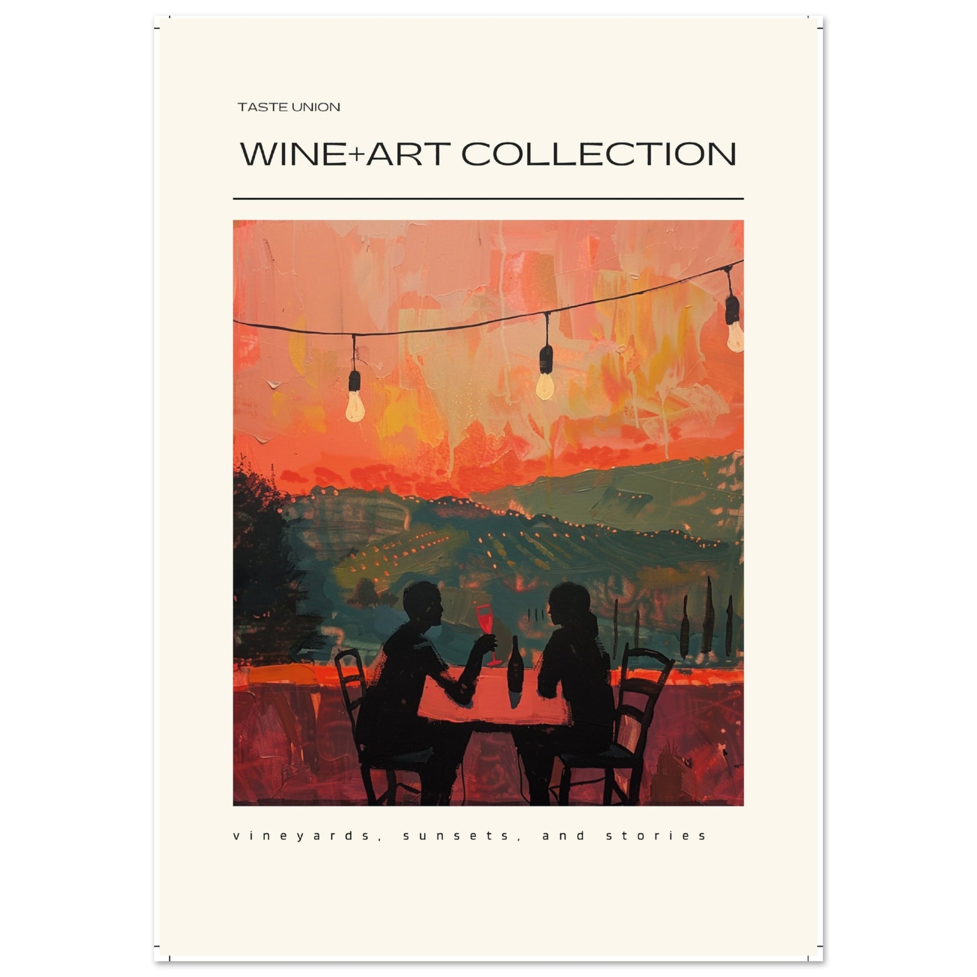 A warm-toned painting of two people enjoying wine at sunset on a terrace overlooking vineyards, with string lights glowing against an orange sky.