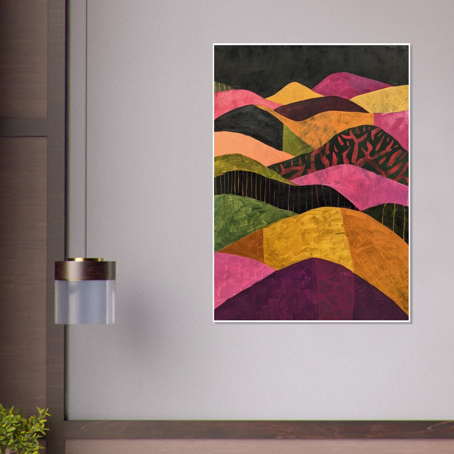 A modern living-room mockup showing the Abstract Hillside Harmony print above a neutral sofa. The artwork’s warm earth tones and layered geometric forms add depth and sophistication, illustrating how the piece enhances contemporary interiors with colour, structure, and a striking abstract landscape aesthetic.