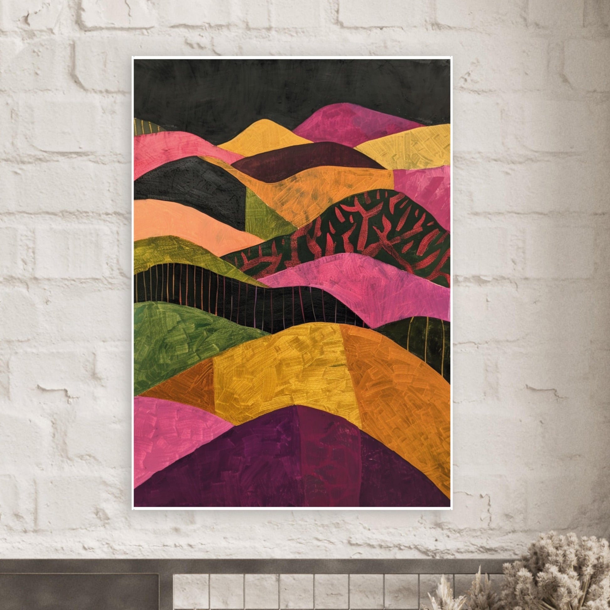 A styled wall mockup featuring the Abstract Hillside Harmony print in a bright, clean setting. The artwork’s rich layered colours stand out beautifully, helping customers visualise how the geometric hillside design adds warmth, creativity, and modern visual impact to home or office spaces.