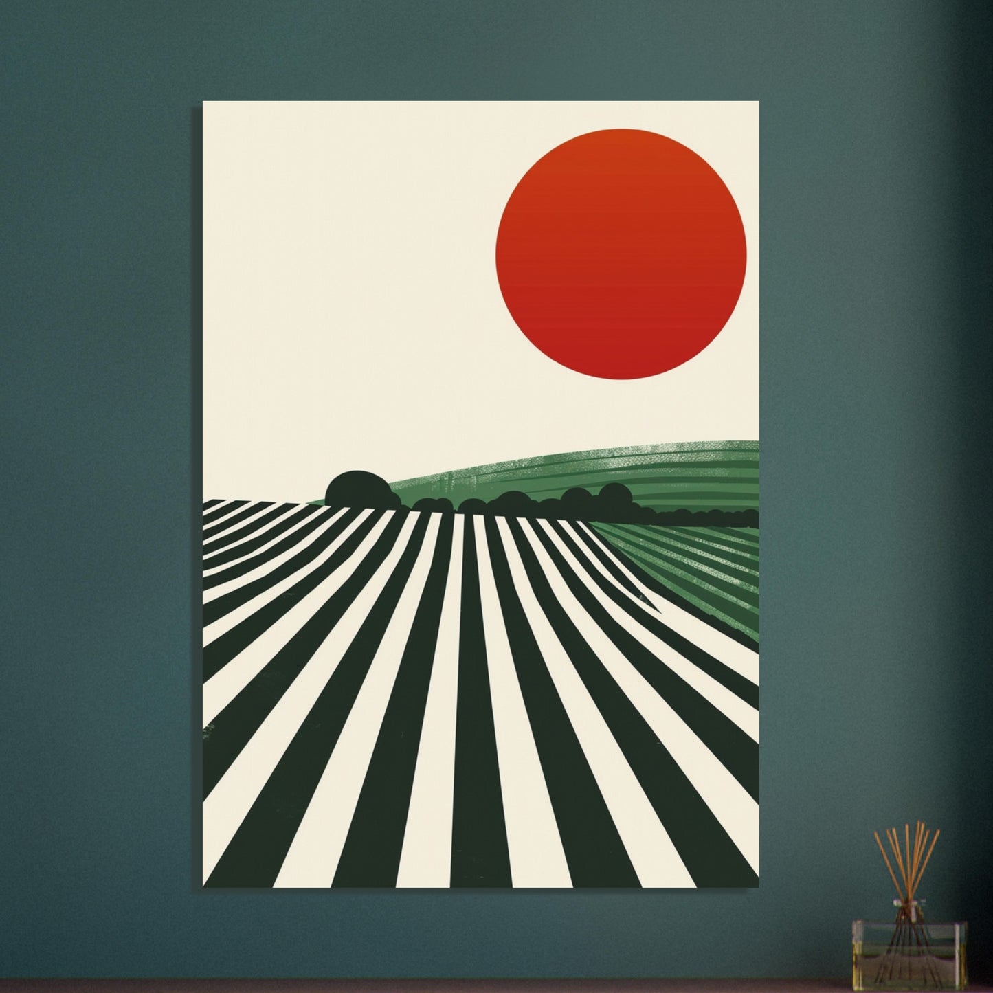 A framed Bauhaus Vineyard II print displayed on a deep green wall with warm lighting and indoor plants. The bold red sun and geometric vineyard stripes create a strong contrast, adding a modernist architectural feel and clean graphic impact to a stylish, contemporary room.