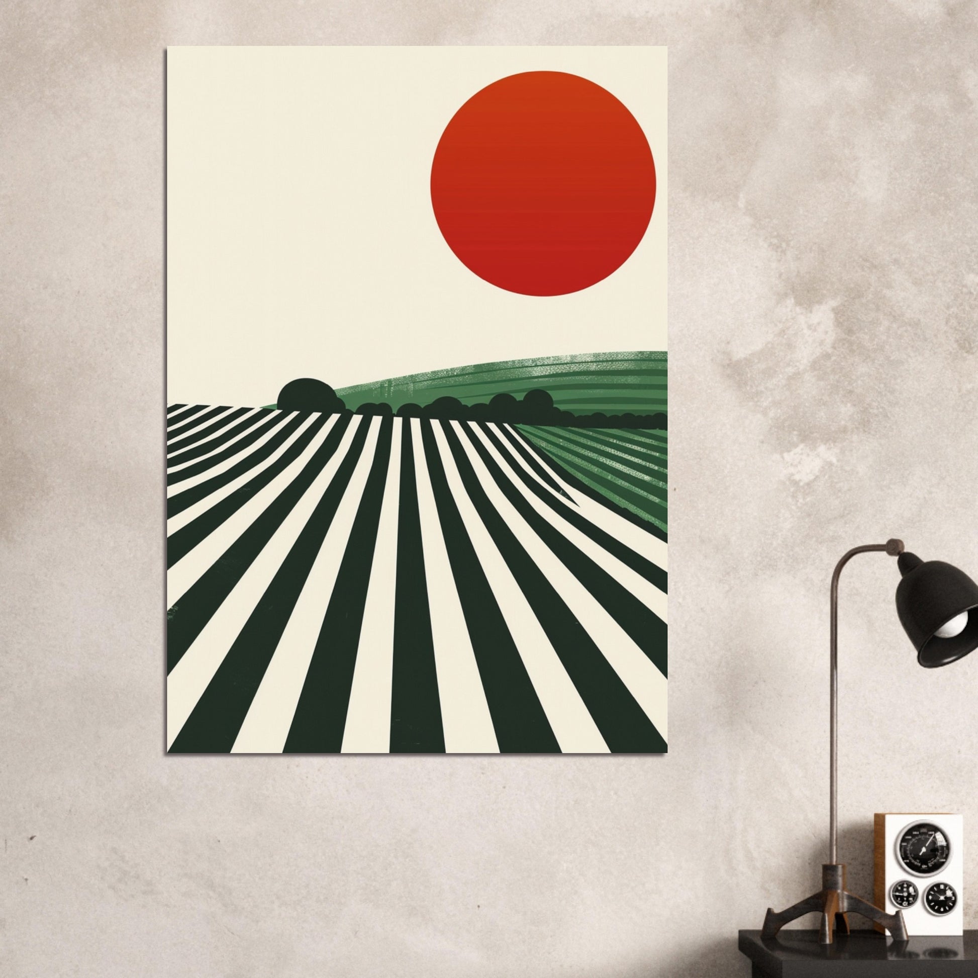 A Bauhaus Vineyard II artwork hung in a soft, neutral-toned interior with minimalist décor and natural textures. The vivid red sun and linear vineyard pattern serve as a powerful focal point, enhancing the space with modernist precision, clean geometry, and bold visual rhythm.