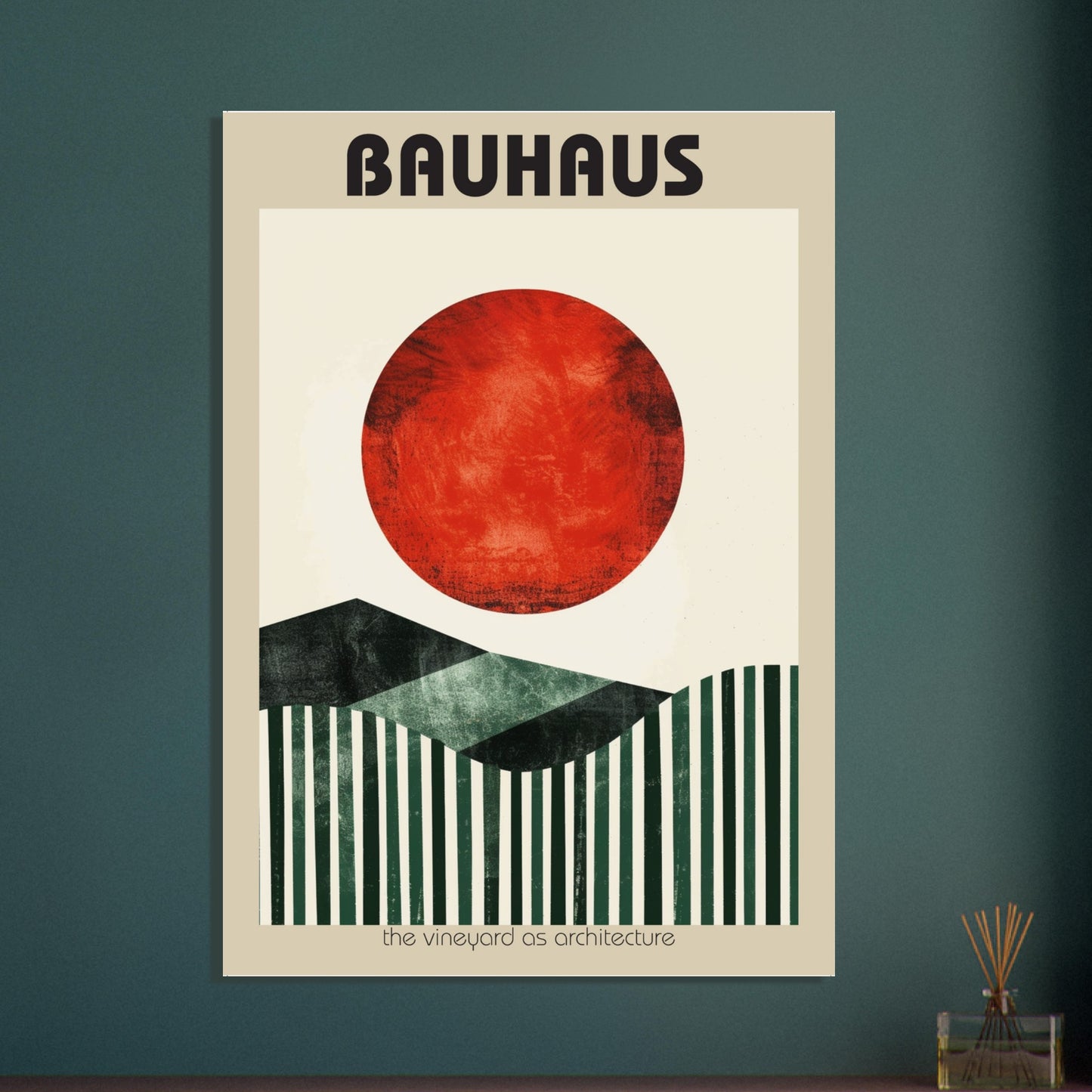 A dramatic dark-toned room mockup displaying the Bauhaus Vineyard Poster above a modern seating area. The vivid red sun and green geometric hills contrast beautifully with the moody interior palette, helping customers visualise how the artwork adds architectural structure and bold contemporary design to stylish, design-forward spaces.