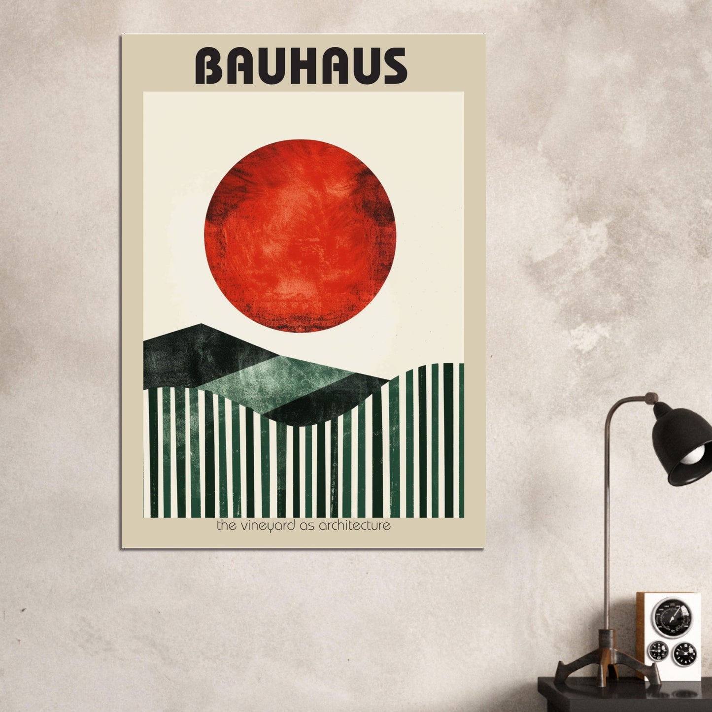 A bright living-room mockup featuring the Bauhaus Vineyard Poster framed above a neutral sofa. The artwork’s striking geometric forms and red sun bring bold character and modernist elegance to the space, showing how it enhances contemporary, minimalist, or Bauhaus-inspired interiors with colour, rhythm, and architectural balance.