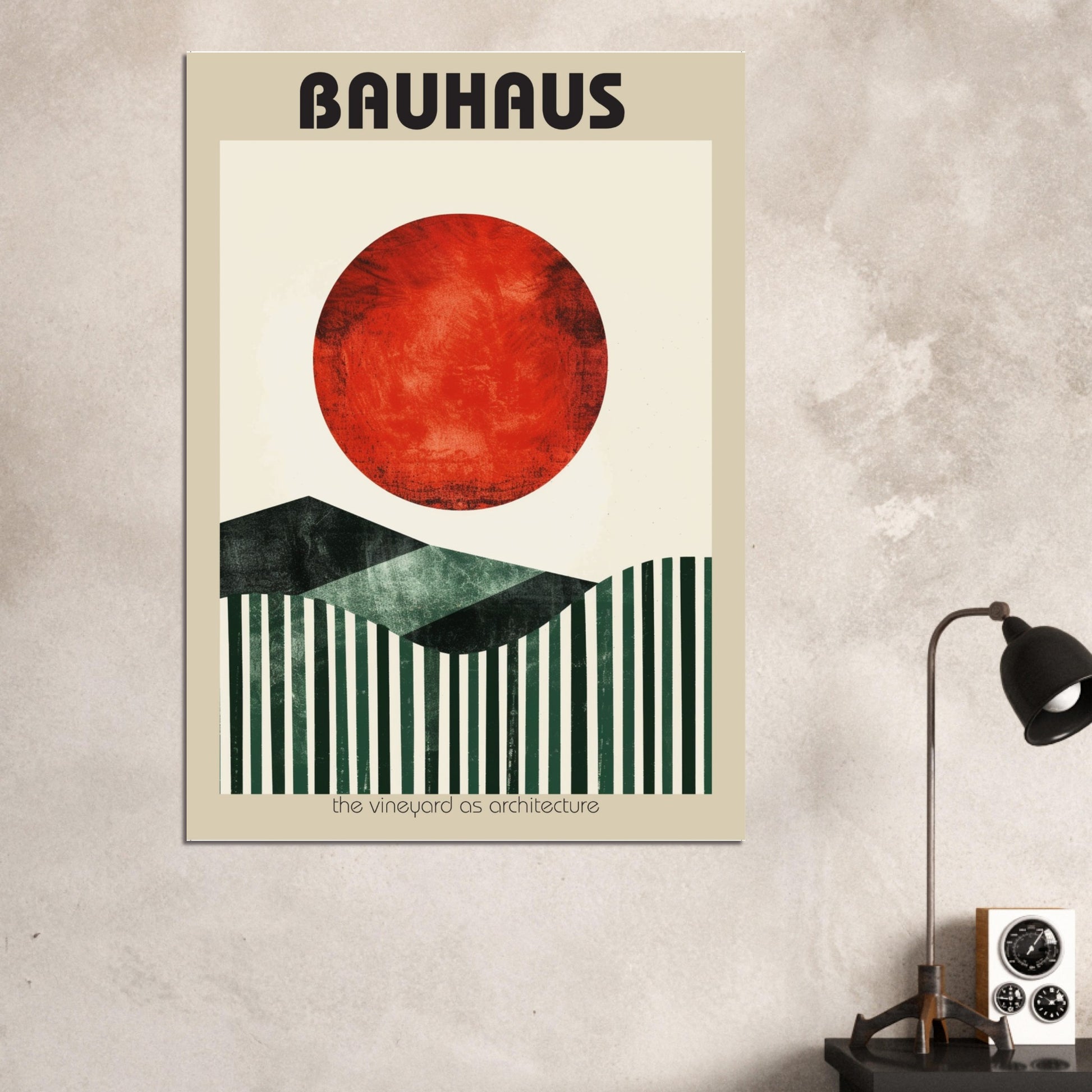 A bright living-room mockup featuring the Bauhaus Vineyard Poster framed above a neutral sofa. The artwork’s striking geometric forms and red sun bring bold character and modernist elegance to the space, showing how it enhances contemporary, minimalist, or Bauhaus-inspired interiors with colour, rhythm, and architectural balance.