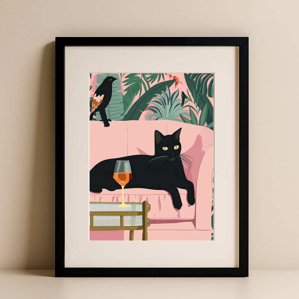 Tropical Lounge Black Cat – Modern Wall Art with Pink Sofa, Birds, and Wine