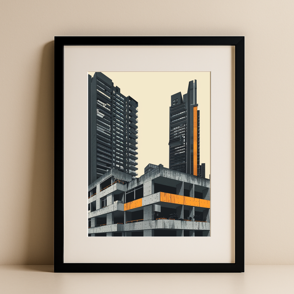 Framed modern architecture poster featuring a bold brutalist cityscape in grey and black tones with striking orange accents. Displayed against a neutral wall, this contemporary art print from Im-Poster highlights geometric urban design and architectural form — a minimalist statement piece for modern interiors and design enthusiasts.
