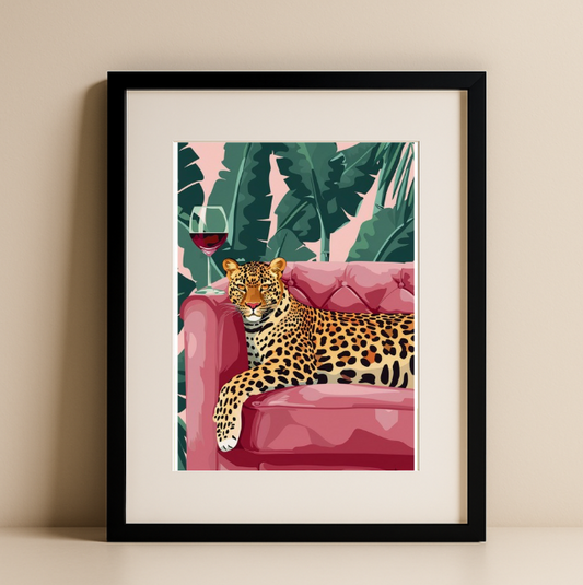 Tropical Lounge Leopard – Modern Wall Art with Pink Sofa, Birds, and Wine Art Print