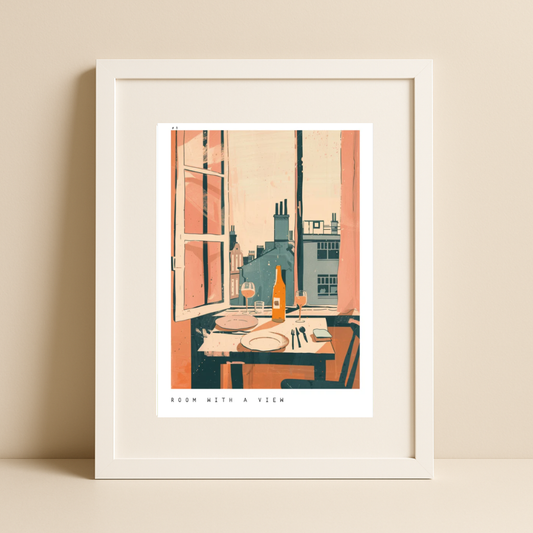 Room with a View – Paris Apartment Wall Art with Wine and Cityscape