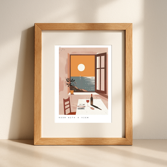 Room with a View – Coastal Sunset Wall Art with Wine and Sea View